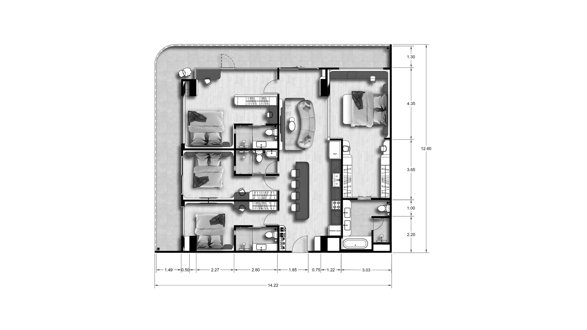 Condominium floor plan, 3 bedrooms in Ever Prime Residences No. 11008